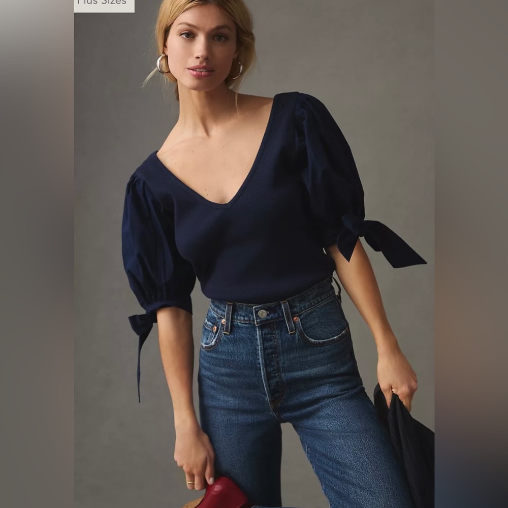 NWT Anthropology Maeve Puff Sleeve Top Navy